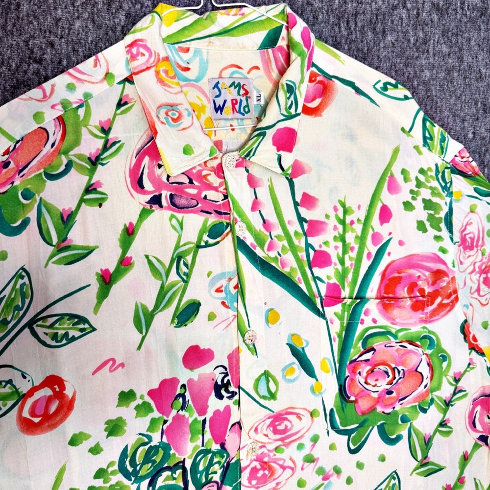 Vintage JAMS WORLD Men’s ENCHANTED Print Hawaiian Shirt Sz XL Floral 80s Rayon - Picture 4 of 10